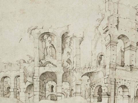 Maarten van Heemskerck, Kolosseums von Süden, um 1532–1536, Feder in Braun