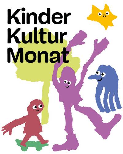 Bunte abstrakte Figuren mit Augen; Text: Kinder Kultur Monat; gelber Stern mit Gesicht. Illustrative Grafik.