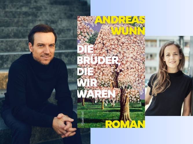 Andreas Wunn und Harriet von Waldenfels im Gespräch: Die Brüder, die wir waren – Männlich gelesene Person auf Treppe, Buchcover "Die Brüder, die wir waren", weiblich gelesene Person in Schwarz vor Gebäude.