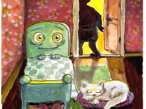  – Grüner Sessel mit Augen, Katze schläft auf Kissen, beleuchtete Tür öffnet sich, Person im Schatten, blumige Tapete und Holzboden.