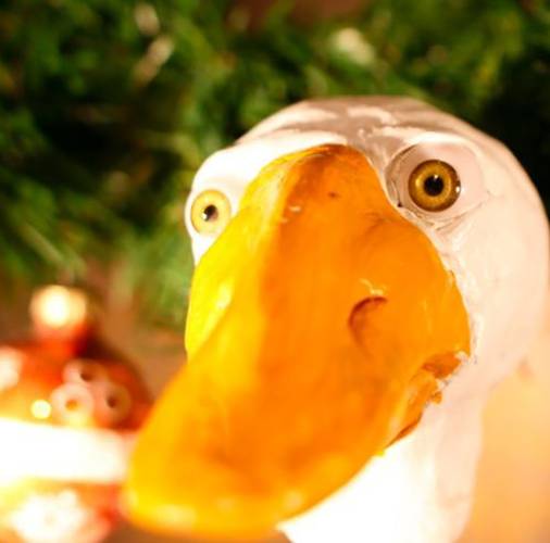 Die Weihnachtsgans Auguste – Große Nahaufnahme eines weißen Möwenkopfes aus Plastik mit gelbem Schnabel. Verschwommen im Hintergrund ein Weihnachtsbaum mit rotem Schmuck.