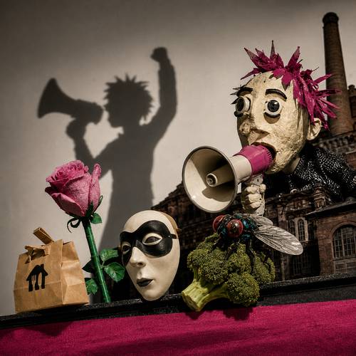 Puppe mit Megafon, pinken Haaren neben Maske, Rose, Brokkoli mit Fliege, Papiertuete mit Symbol. Schatten einer Person mit erhobener Faust und Megafon.