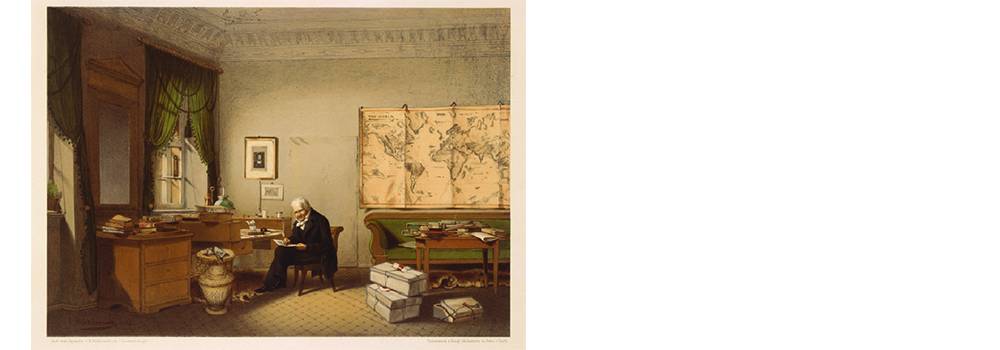 Alexander von Humboldt in seinem Arbeitszimmer. Farblithographie nach Hildebrandt.