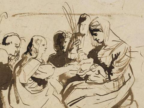 Anton van Dyck, Die Vermählung der heiligen Katharina, Detail, 1618–21 – Skizze in Sepia von Personen in traditioneller Kleidung, eine Person in der Mitte hält ein Kind. Umgeben von mehreren Personen, die sitzend dargestellt sind.