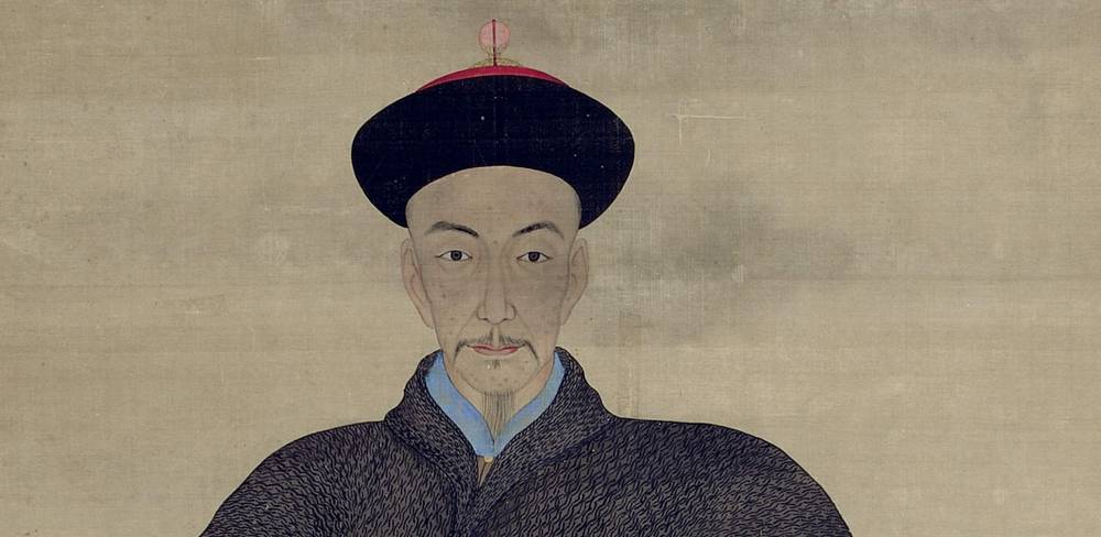 Unbekannte(r) Hofmaler, Porträt des Baktambu, Qing-Dynastie (1644 – 1911), 1776, Detail einer Hängerolle