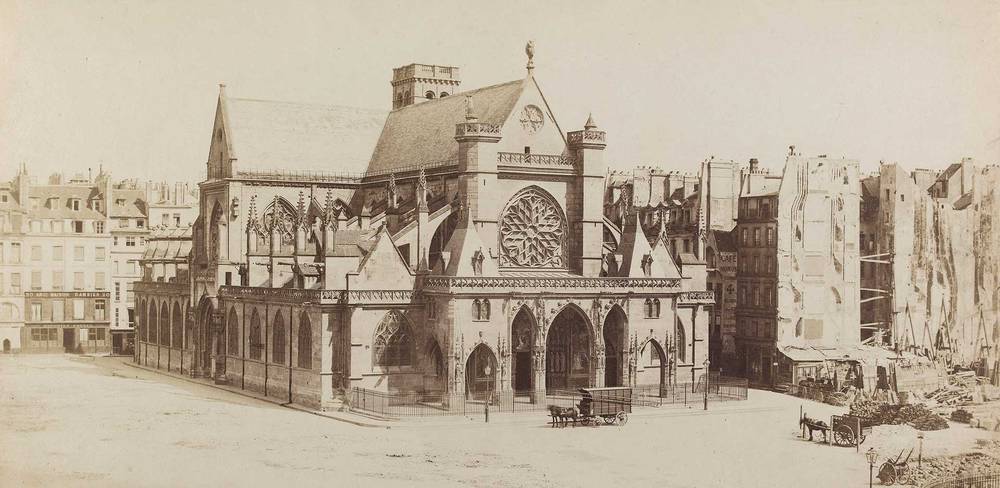 Edouard Baldus, Travaux autour de l'église Saint-Germain-l'Auxerrois, Paris, Ausschnitt, zwischen 1857 und 1862, Salzpapier-Abzug, 31,5 x 44,5 cm