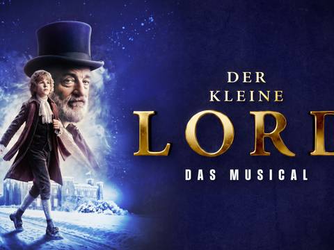 Der kleine Lord – Das Musical – Kind in eleganter Kleidung, winterliche Landschaft; Gesicht eines aelteren Mannes mit Zylinder. Text: DER KLEINE LORD DAS MUSICAL.