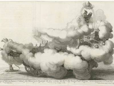 Darstellung eines fantastischen Luftschiffs aus dem Hochzeitsfest Kaiser Leopolds I., Illustration aus: Sieg-Streit deß Lufft und Wassers Freuden-Fest, Wien, 1667