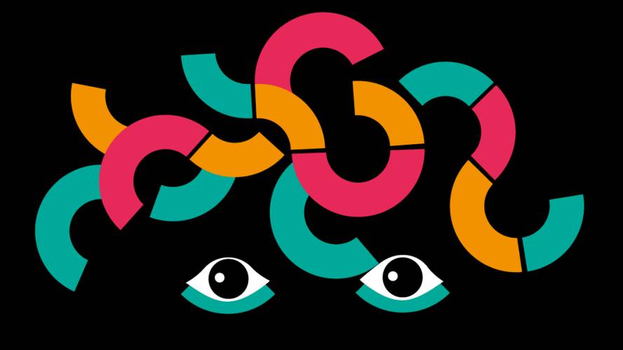 Zwei stilisierte Augen unter bunten, verschlungenen Formen in Rot, Orange und Türkis auf schwarzem Hintergrund.