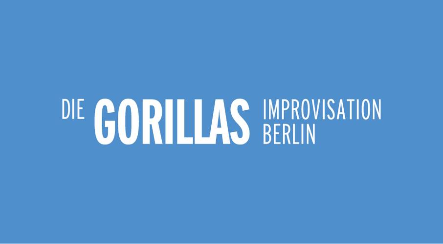 Blauer Hintergrund mit weißem Text: DIE GORILLAS IMPROVISATION BERLIN.