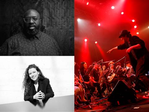 Darius Jones, Sylvie Courvoisier und die Otomo Yoshihide Special Big Band – Porträt-Collage von Darius Jones, Sylvie Courvoisier und von der Otomo Yoshihide Special Big Band