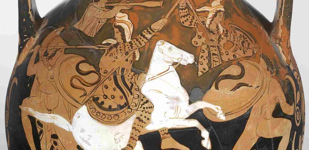 Amazonen im Kampf mit Griechen, Detail, Attisch rotfigurige Pelike, um 400–390 v. Chr.