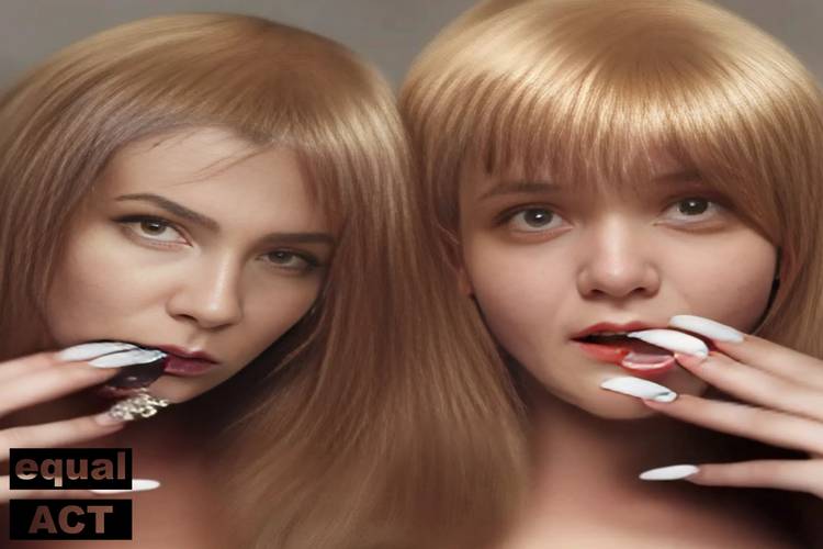 Zwei Personen mit langen, blonden Haaren und gepuderten Wimpern. Eine Person isst ein Blatt. Unten links Text: equal ACT.