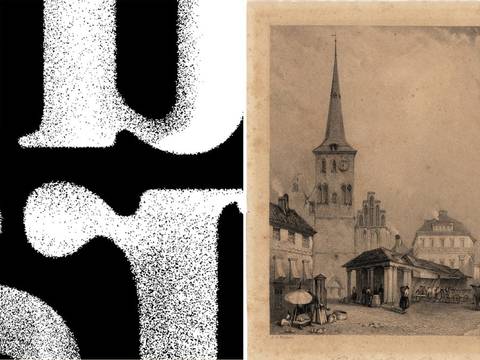 Ausstellungs-Visuals „Um Steine streiten?!“ und „Wer bestimmte in der Stadt?“ (Collage) – Zusammenschnitt aus typografischem Logo und historischer Ansicht der Nikolaikirche