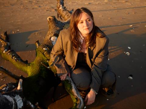 Wendy Eisenberg – Weiblich gelesene Person mit braunen, offenen Haaren und grauem Blazer vor einer Strandlandschaft bei Sonnenuntergang.