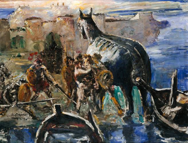 Lovis Corinth, Das Trojanische Pferd, 1924 – Ölgemälde in gedeckten Farben mit Krieger*innen und Pferd, das in antiker Stadtlandschaft steht.