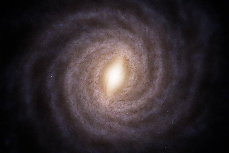 Ansicht unserer Milchstraße von oben: der zentrale Bulge leuchtet golden, während spiralige Arme wie glitzernde, pastellviolette Bänder über den dunklen Hintergrund gewunden sind.