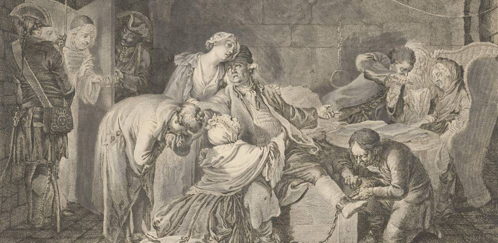 Daniel Chodowiecki, Der Abschied des Jean Calas von seiner Familie, Detail, 1767, Radierung, laviert mit Dunkelgrau Probedruck von der ersten Platte