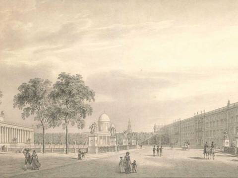 Karl Friedrich Schinkel, Berlin, Unter den Linden. Ansicht des Lustgartens mit Schlossbrücke, Altem Museum, Dom und Schloss, Zeichnung, 1823