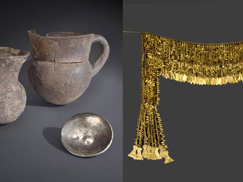 Links: Silbergefäße aus dem „Schatz des Priamos“, Troja, um 2500 v. Chr. Rechts: Großes Diadem aus dem „Schatz des Priamos“ (Nachbildung)