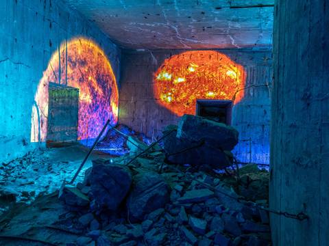 Klang- und Lichtinstallation: Seafoam Palace presents »Roadside Picnic« – Innenraum des Flakturms Humboldthain mit Trümmern und zwei farbigen Lichtprojektionen an den Betonwänden als Teil der Klang- und Lichtinstallation »Roadside Picnic« von Seafoam Palace.