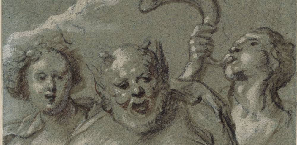 Jacob Jordaens, Flora, Silenus und Zephyr (Detail), 1639, schwarze Kreide, Pinsel in Braun, Rötel, mit Deckweiß gehöht, auf grünlichem Papier