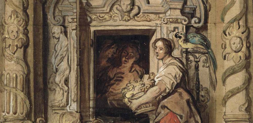 Jacob Jordaens, Mädchen mit Früchtekorb vor einer offenen Tür mit einem Liebespaar, Detail, um 1635, schwarze Kreide, Pinsel