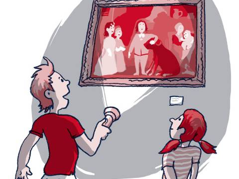 Illustration: Taschenlampenführung durch das Schlossmuseum Oranienburg – Illustration: Taschenlampenführung durch das Schlossmuseum Oranienburg: Ein Junge und ein Mädchen stehen vor einem Gemälde und leuchten es mit einer Taschenlampe an