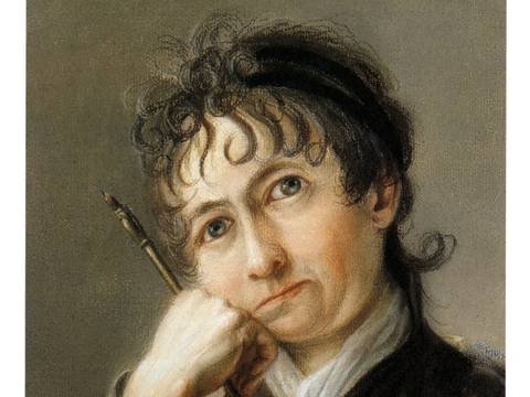 Suzette Henry, geborene Chodowiecka (1763–1819): Selbstportrait, (Pastell), 1785/86 – Die Künstlerin mit Papier und Zeichengerät, den Kopf auf die Faust gestützt