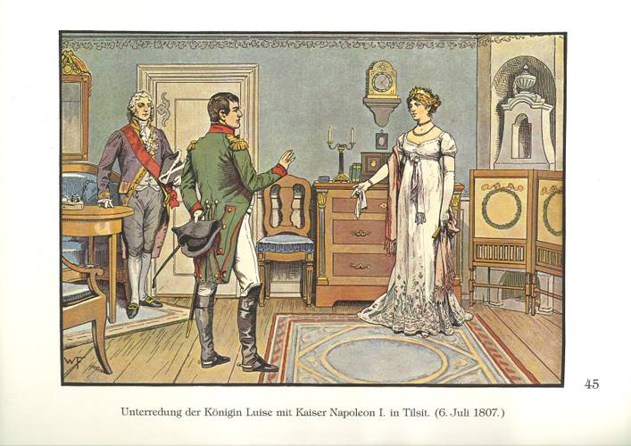 Unterredung mit Napoleon in Tilsit, 1807 aus: „Die Königin Luise in 50 Bildern für Jung und Alt“, Verlag Paul Kittel, Berlin 1896 – Unterredung mit Napoleon in Tilsit, 1807 aus: „Die Königin Luise in 50 Bildern für Jung und Alt“, Verlag Paul Kittel, Berlin 1896