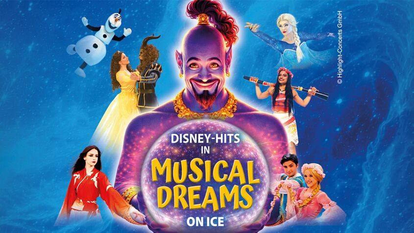 Große Figur eines lilafarbenen Dschinns im Zentrum, umgeben von Charakteren in bunten Kostümen. Schriftzug: DISNEY-HITS IN MUSICAL DREAMS ON ICE.