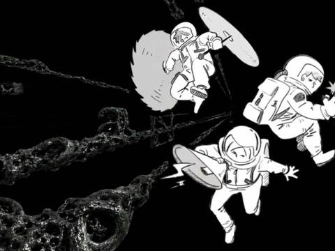  – Comic-Stil: Drei Astronaut*innen kämpfen mit Schilden und Schwertern gegen wirbelnde, schwarze Tentakel auf schwarzem Hintergrund.