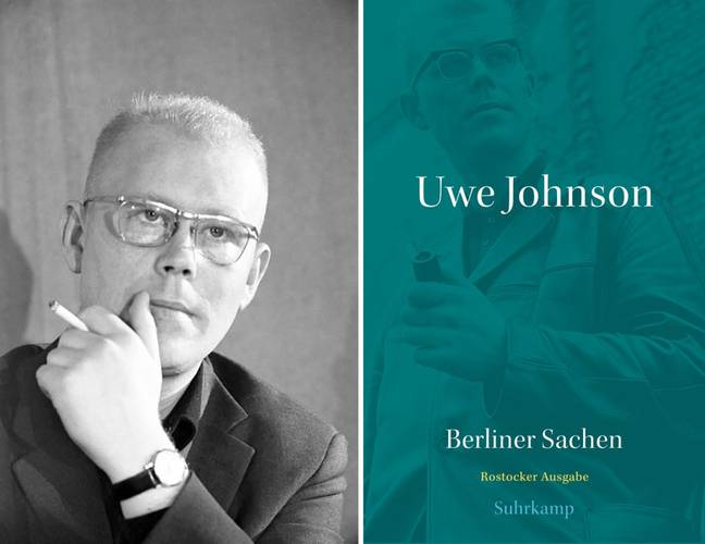 Uwe Johnson, Mitte der 1960er Jahre & Uwe Johnson: „Berliner Sachen“ – links: Porträtaufnahme von Uwe Johnson aus den 1960er Jahren, rechts: Cover des Buches Berliner Sachen
