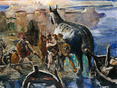 Lovis Corinth, Das Trojanische Pferd, 1924 – Ölgemälde in gedeckten Farben mit Krieger*innen und Pferd, das in antiker Stadtlandschaft steht.