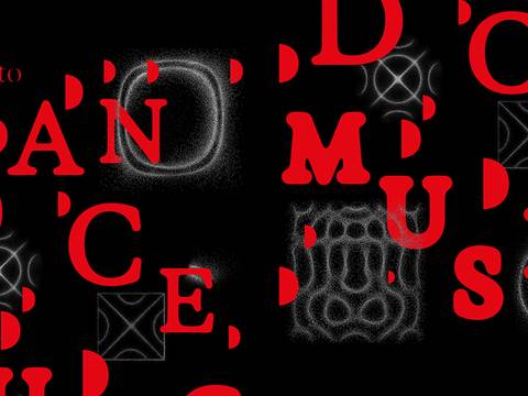 DANCE MUSIC Listening series – Rote, unvollstaendige Buchstaben auf schwarzem Hintergrund ergeben "Listening to Dance Music", mit Kreisen und Linien im Hintergrund.