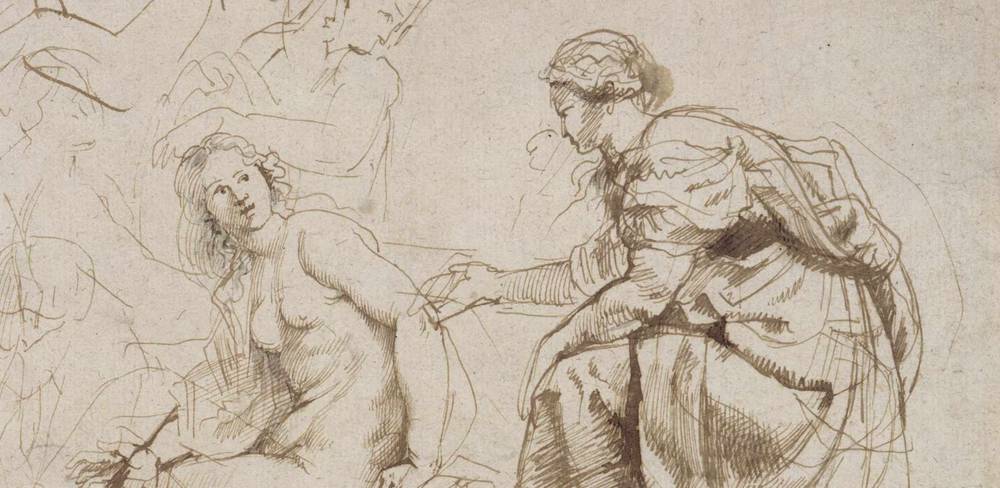 Peter Paul Rubens, Bathseba erhält das Schreiben Davids, Detail, 1612–1614, Feder in Braun, Pinsel in Grau