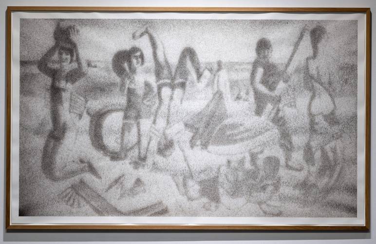 Flypicture, Max Beckmann, Der Strand 1927, 2023-2025; fly traces with pigments derived from World War II bomb debris