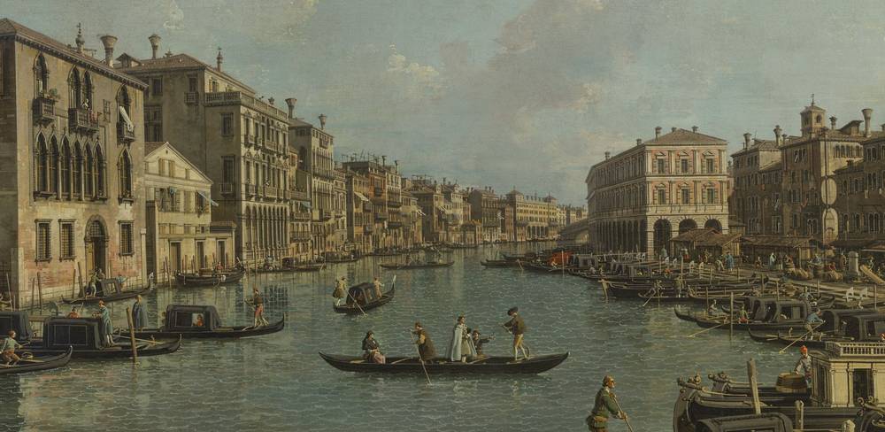 Giovanni Antonio Canal, Der Canal Grande mit Blick in südöstlicher Richtung auf die Rialtobrücke (Detail), 1758/62