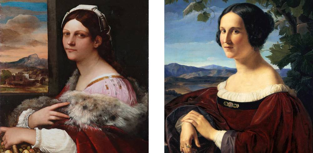 Sebastiano del Piombo, Junge Dame mit Fruchtkorb, Detail, 1512/13 | Wilhelm Schadow, Italienerin, Detail, 1831 – Zwei Porträts nebeneinander. Linkes Bild: Malerei einer weiblich gelesenen Person in Pelz. Rechtes Bild: Malerei einer weiblich gelesenen Person in Rot vor