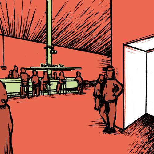 In einer Zeichnung in den Farben orange und grün sitzen und stehen Besucher*innen an der Bornemann Bar und unterhalten sich