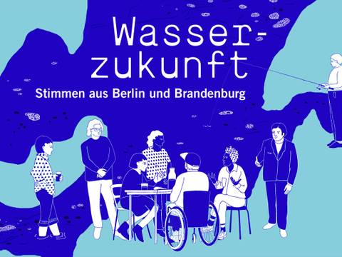 Wasserzukunft-Monochrom_Presse_mit-Schrift – Bild von einem Gespräch unterschiedlicher Leute zum Thema Wasser