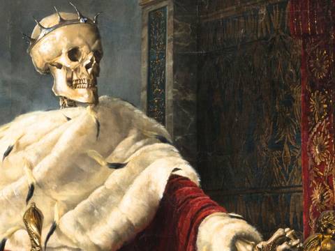 Hermione von Preuschen: Mors Imperator (Detail), 1887, Privatbesitz – Ein Skelett in königlicher Robe und mit Krone sitzt auf einem Thron. Die Szenerie ist prunkvoll mit roten und goldenen Details. Gemälde.