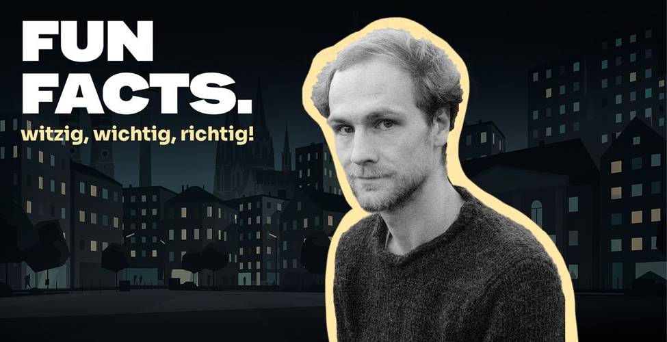 Käptn Peng – Schwarz-weiße Abbildung einer Person vor gelbem Umriss, links Text: FUN FACTS. witzig, wichtig, richtig! Dunkle Stadtkulisse im Hintergrund.