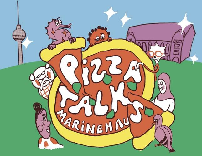 Offene Sprechstunde mit Pizza – Ein Comic, auf dem eine Pizza zu sehen ist mit dem Titel der Veranstaltung und Comicfiguren, die um die Pizza herumstehen und Stücke abziehen