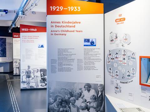 Blick in die Ausstellung – Mehrere Ausstellungswände mit Bild- und Textelementen sowie Videos in DGS