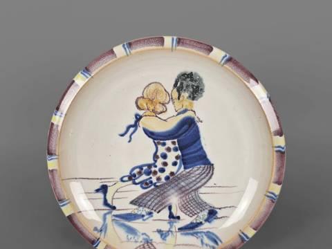 Tanzendes Paar, Einzelstück von Hedwig Bollhagen – Fayenceteller, Tanzendes Paar, Dm 25,5 cmEinzelstück von Hedwig Bollhagen (1907-2001) Steingutfabriken Velten Vordamm, Ende 1920er Jahre