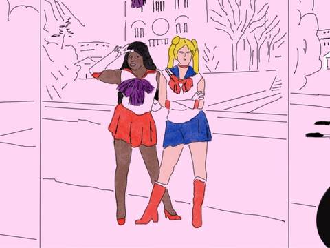 Comic-Panel mit drei Bildern, das einen Mann, zwei Frauen und einen mumienartigen Mann in einem Rollstuhl zeigt