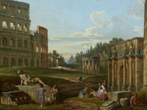 Giovanni Paolo Panini, Fantasielandschaft mit römischen Monumenten (Detail), 1735