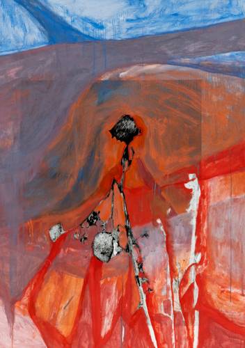 Özlem Altın, Naked Eye (landscape), 2023 – Gemälde: Im Zentrum des Bildes steht ein schemenhafter schwarz-weißer Umriss, verwoben mit bläulich-orangenen und roten Linien und Farbfeldern, die Wärme und Kälte ausstrahlen.