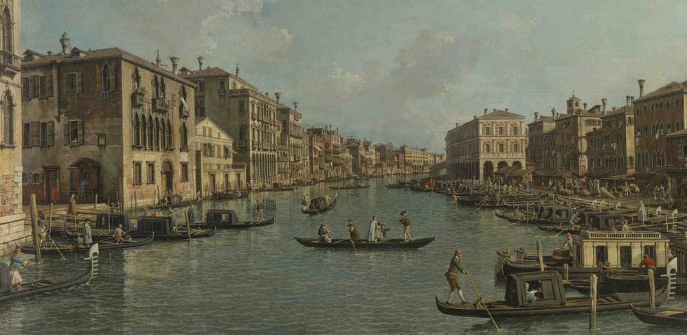 Giovanni Antonio Canal, Der Canal Grande mit Blick in südöstlicher Richtung auf die Rialtobrücke, Detail, ca. 1758 – 1759